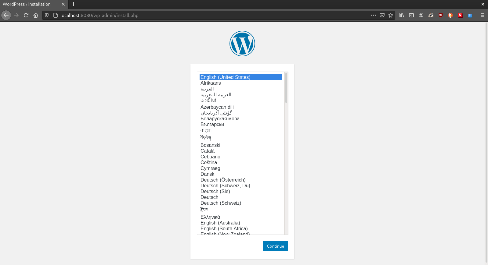 Browser showing WordPress on localhost:8080